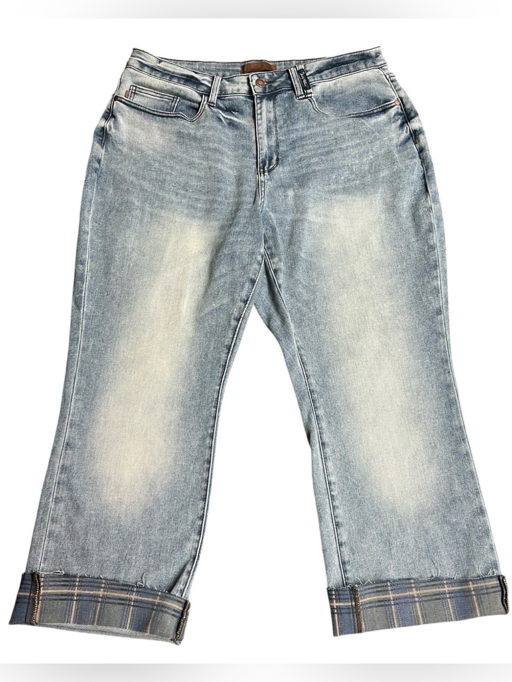 Judy Blue High Rise Straight Leg Light Blue Cropped Jeans with Plaid Cuffs